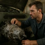 Mechanik pracuje na prevodovke UAZ v garáži