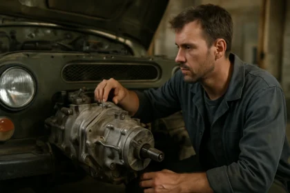 Mechanik pracuje na prevodovke UAZ v garáži