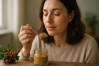 Žena vychutnávajúca peľ hlohu s uzáverom sklenenej nádoby