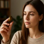 Žena skúma jastrabie oko, symbol ochrany a intuície.