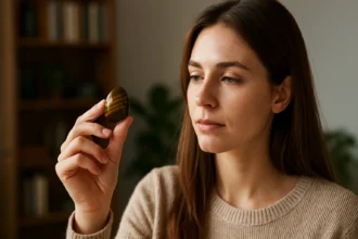 Žena skúma jastrabie oko, symbol ochrany a intuície.