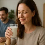 Žena vychutnávajúca si kyslé mlieko ako zdravý nápoj.