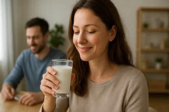 Žena vychutnávajúca si kyslé mlieko ako zdravý nápoj.