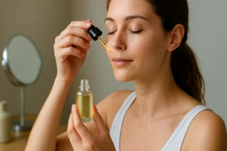 Žena aplikuje sérum s vitamínom D na pleť pre ochranu a omladenie pokožky.