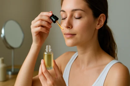 Žena aplikuje sérum s vitamínom D na pleť pre ochranu a omladenie pokožky.