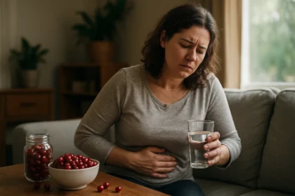 Žena s bolesťou brucha a pohárom vody v ruke, okolo brusnice.