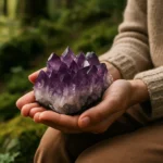 Osoba s ametystovým kryštálom v prírode