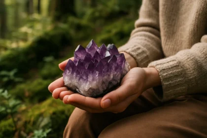 Osoba s ametystovým kryštálom v prírode