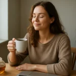 Žena si vychutnáva šálku čaju, ktorý obsahuje teín.