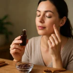 Žena absorbuje účinky klinčekového oleja na pleť.