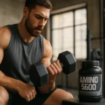 Muž cvičiaci s činkou vedľa doplnku Amino 5600