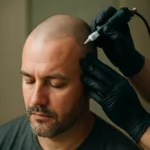 Tetovanie vlasovej pokožky na mužovi pre zlepšenie vzhľadu.