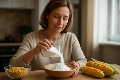 Žena s kukuričným škrobom a kukuricou v kuchyni