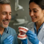 Zubná hygiena: Lekár ukazuje pacientovi model zubov.