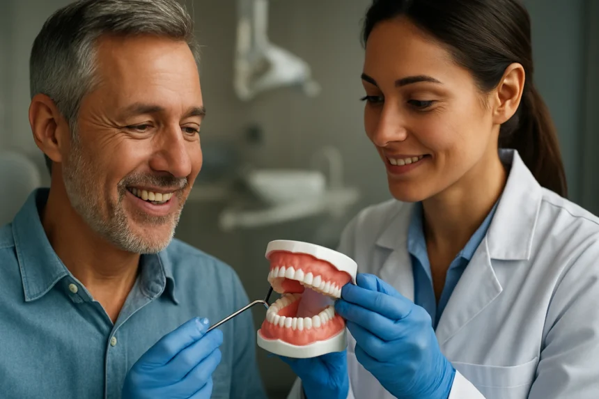 Zubná hygiena: Lekár ukazuje pacientovi model zubov.