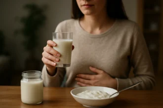 Žena drží pohár kyslého mlieka, vedľa má misku s jogurtom.