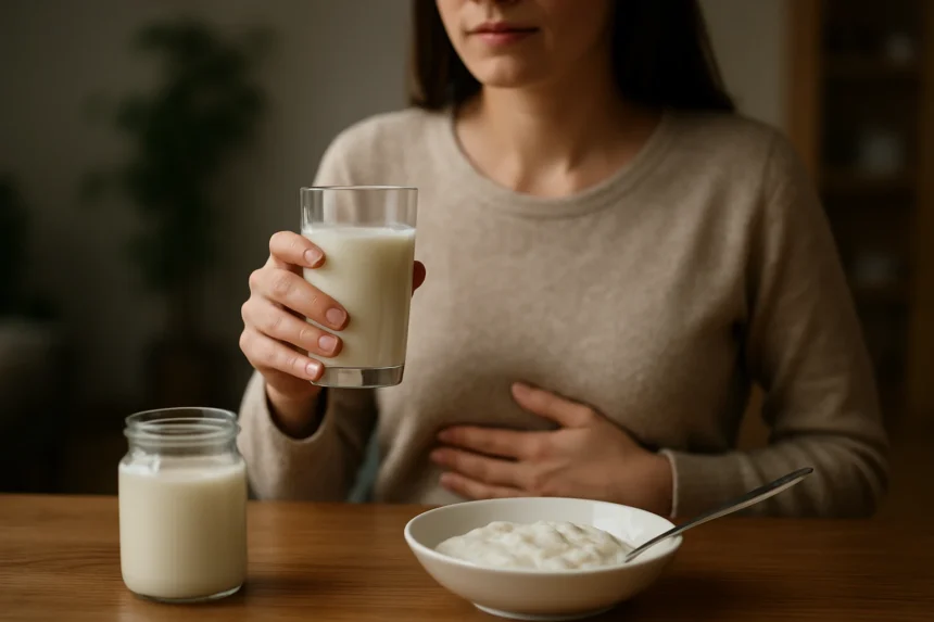 Žena drží pohár kyslého mlieka, vedľa má misku s jogurtom.