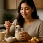 Žena pridáva maca prášok do zdravého smoothie a ovsených kaší.