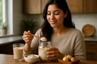 Žena pridáva maca prášok do zdravého smoothie a ovsených kaší.