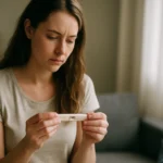 Žena skúma tehotenský test doma.