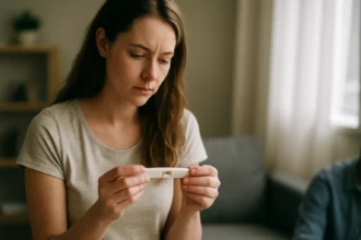 Žena skúma tehotenský test doma.