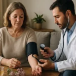 Lekár meria krvný tlak pacientky s valeriánou na stolíku.