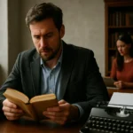 Muž číta knihu a žena s dokumentmi v knižnici, zobrazuje intelektuálnu atmosféru.