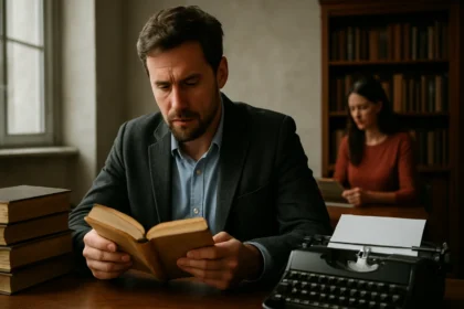 Muž číta knihu a žena s dokumentmi v knižnici, zobrazuje intelektuálnu atmosféru.