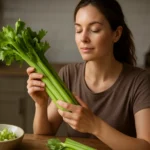 Žena s stopkovým zelerom, symbol zdravia a výživy.