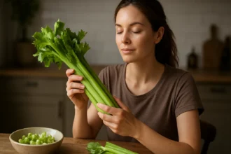 Žena s stopkovým zelerom, symbol zdravia a výživy.