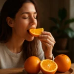 Žena vychutnáva pomaranč s bohatou šťavou a farbou.