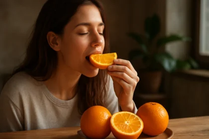 Žena vychutnáva pomaranč s bohatou šťavou a farbou.