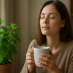 Žena vychutnáva čaj z medovky lekárskej pri pokojnej atmosfére.