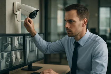 Muž monitoruje IP kamerový systém na dvoch obrazovkách.