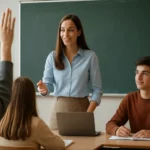 Učiteľka vyučuje študentov v modernom triede so zameraním na technológie.