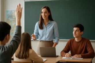 Učiteľka vyučuje študentov v modernom triede so zameraním na technológie.