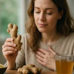 Žena s čerstvým zázvorom a šálkou zázvorového čaju