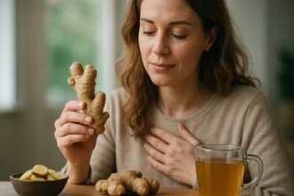 Žena s čerstvým zázvorom a šálkou zázvorového čaju