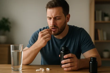 Muž užívajúci doplnky stravy na priberanie hmotnosti bez cvičenia.