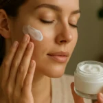 Žena nanášajúca krém s allantoínom na svoju pleť
