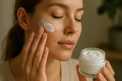 Žena nanášajúca krém s allantoínom na svoju pleť