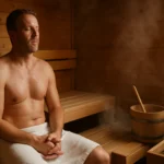Muž relaxuje v saune pre zdravie srdca a reguláciu krvného tlaku.