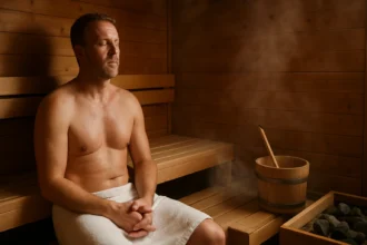 Muž relaxuje v saune pre zdravie srdca a reguláciu krvného tlaku.