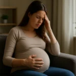 Tehotná žena s pocitom úzkosti a bolesti hlavy počas tehotenstva