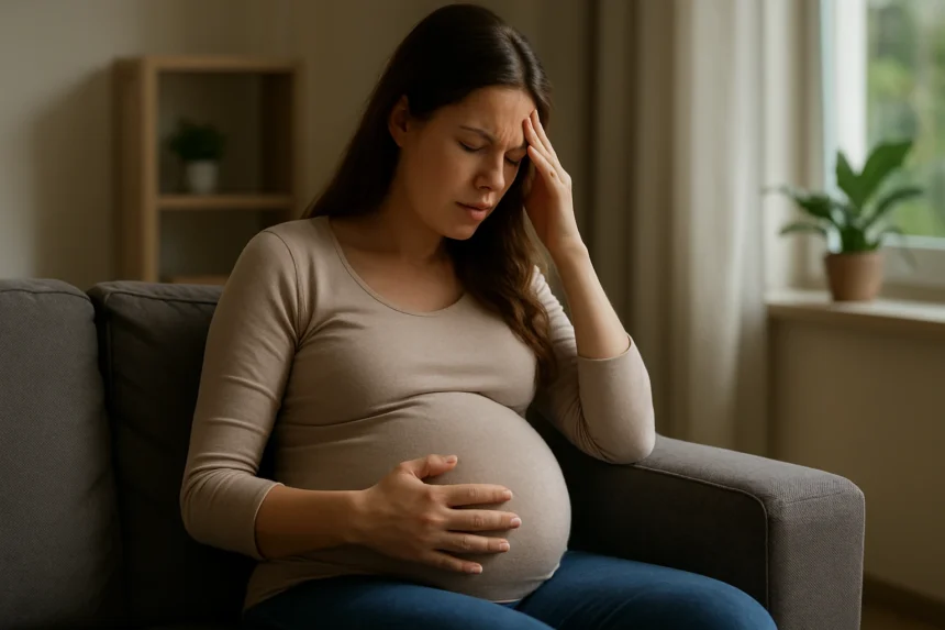 Tehotná žena s pocitom úzkosti a bolesti hlavy počas tehotenstva