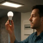 Muž skúma LED žiarovku v modernom interiéri