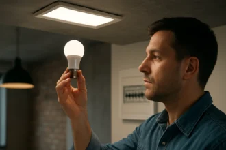 Muž skúma LED žiarovku v modernom interiéri