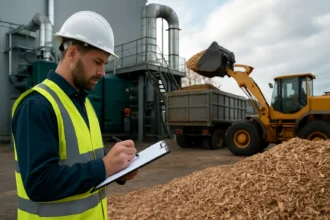 Pracovník kontroluje proces spracovania biomasy a výrobu energie.