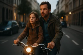 Rodina jazdiaca na bicykli s dynamo svetlom v mestskom prostredí