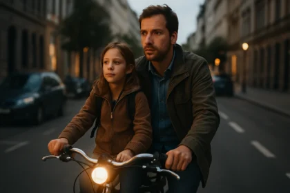 Rodina jazdiaca na bicykli s dynamo svetlom v mestskom prostredí